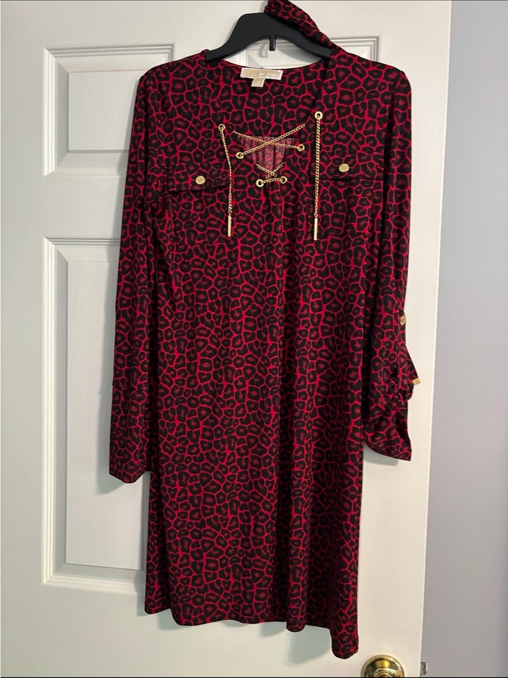Michael Kors Red Leopard Print Long Sleeve Tunic Dress